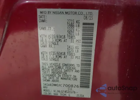 2015 Nissan Pathfinder Sl from USA, damaged, VIN 5N1AR2MM1FC700826